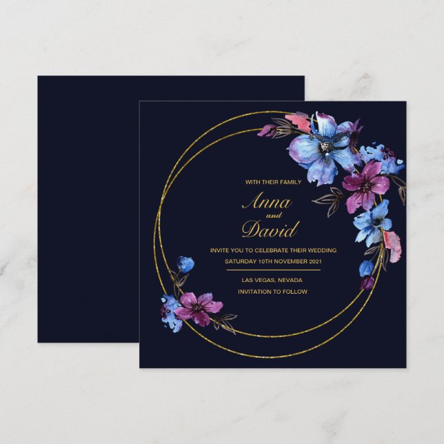Invitación a la boda floral azul real (Anverso / Reverso)