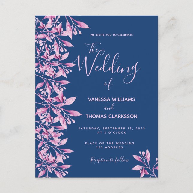 Invitación a la boda floral azul rosa (Anverso)