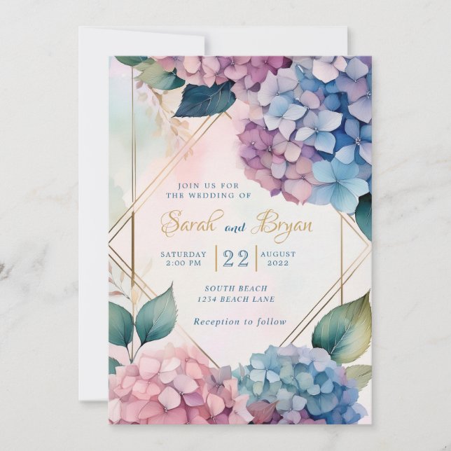 Invitación a la boda floral azul rosa de Hydrangea (Anverso)