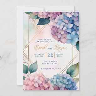 Invitación a la boda floral azul rosa de Hydrangea