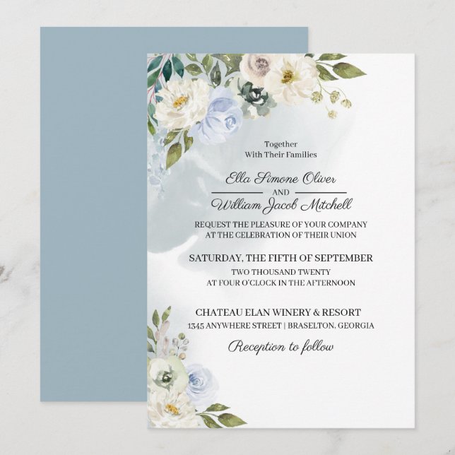 Invitación a la boda floral azul rústica (Anverso / Reverso)