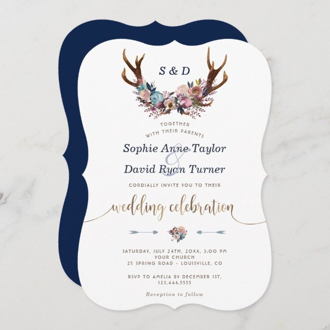 Invitación a la boda floral azul turquesa de las A (Anverso / Reverso)