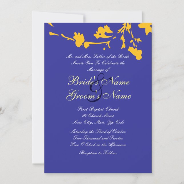 Invitación a la boda floral azul y amarilla (Anverso)
