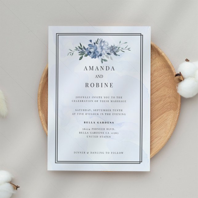 Invitación a la boda floral azul y beige de Dusty (Subido por el creador)