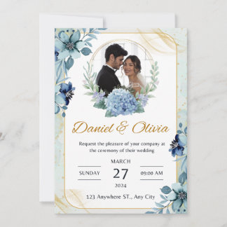 Invitación a la boda floral azul y blanca