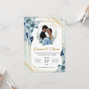Invitación a la boda floral azul y blanca