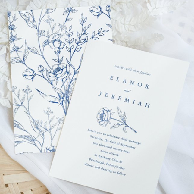 Invitación a la boda floral azul y blanca de moda (Subido por el creador)