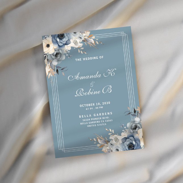 Invitación a la boda floral azul y blanca turbia (Subido por el creador)