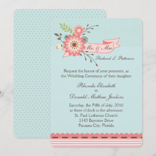 Invitación a la Boda Floral Azul y Coral de bonito