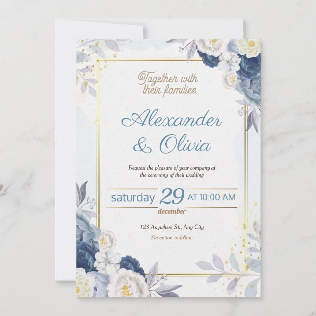 Invitación a la boda floral azul y dorada (Anverso)