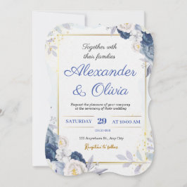 Invitación a la boda floral azul y dorada