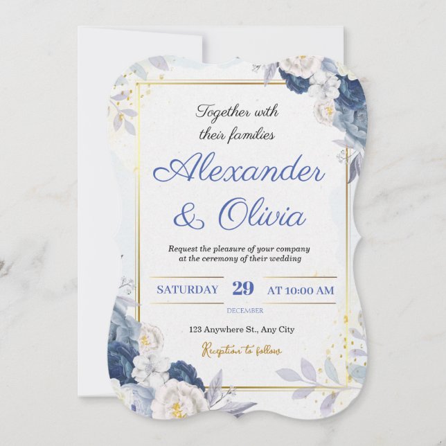 Invitación a la boda floral azul y dorada (Anverso)