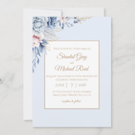 Invitación a la boda floral azul y dorada