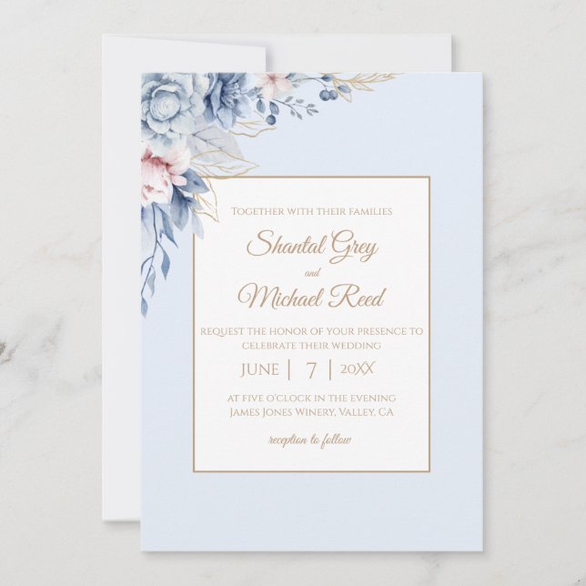 Invitación a la boda floral azul y dorada (Anverso)