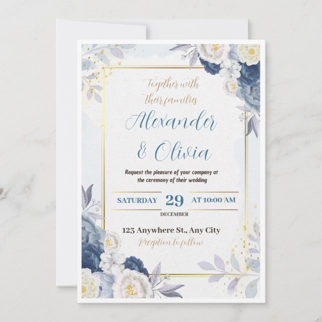 Invitación a la boda floral azul y dorada (Anverso)