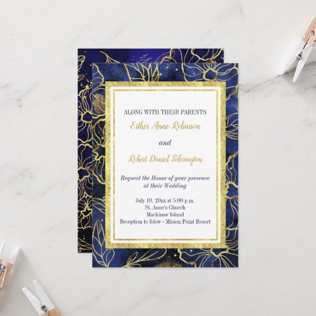 Invitación a la Boda Floral Azul y Dorada de la Ma (Anverso/Reverso In Situ)