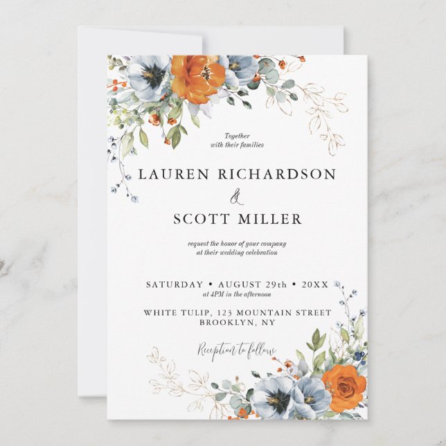 Invitación a la boda floral azul y Naranja (Anverso)