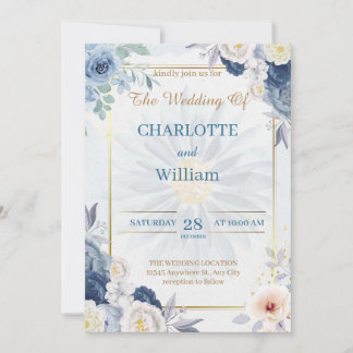 Invitación a la Boda Floral Azul Y Oro 2024