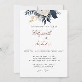 Invitación a la boda floral azul y plateada de la