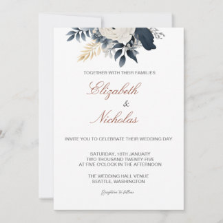 Invitación a la boda floral azul y plateada de la 