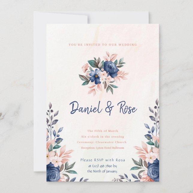 Invitación a la boda floral azul y rosa (Anverso)