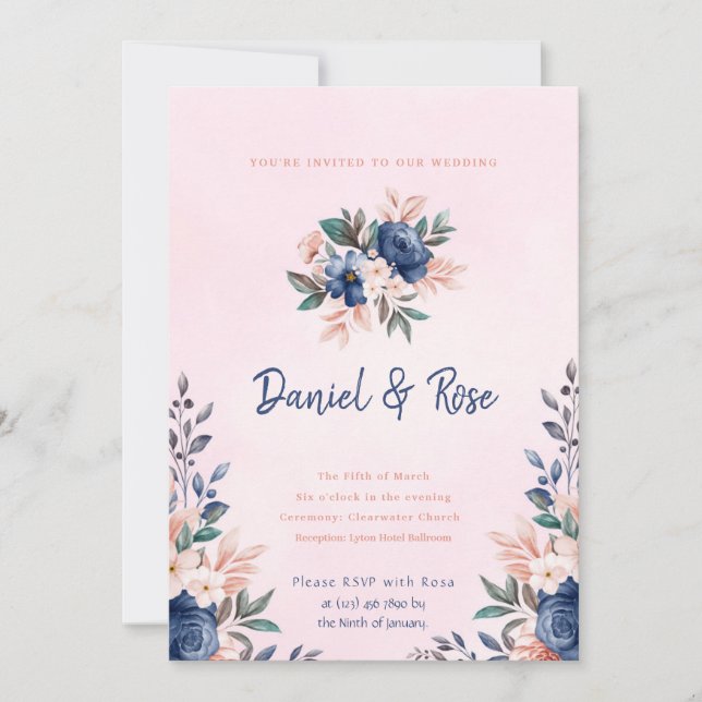 Invitación a la boda floral azul y rosa (Anverso)