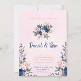 Invitación a la boda floral azul y rosa