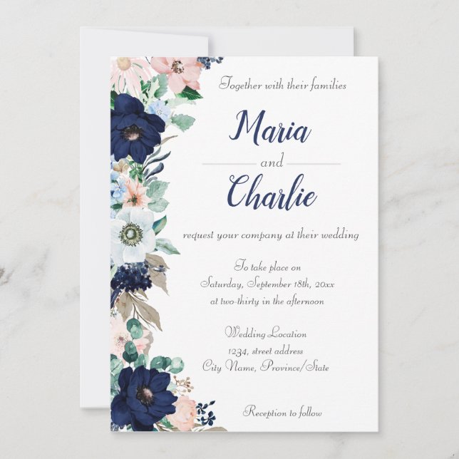 Invitación a la boda floral azul y rosa de la mari (Anverso)