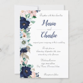 Invitación a la boda floral azul y rosa de la mari