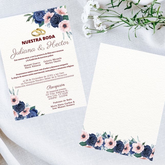 Invitación a la boda floral azul y rosa de la Mari (Subido por el creador)