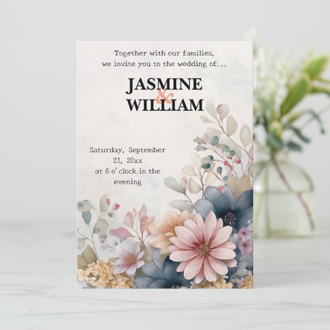 🌺 Invitación a la boda floral azul y Rubor 💌 🌿 (Anverso de pie)