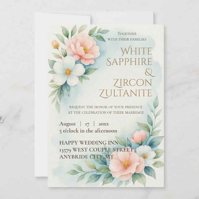 Invitación a la boda floral azul y Rubor (Anverso)