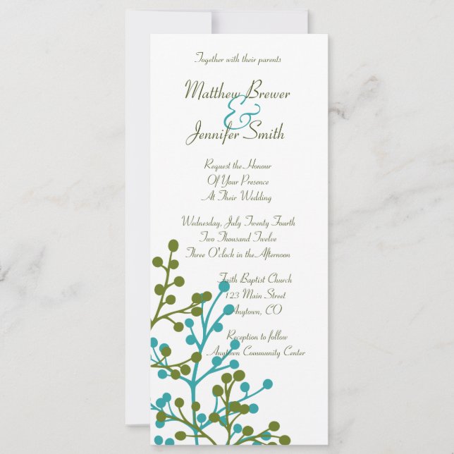 Invitación a la boda floral azul y verde (Anverso)