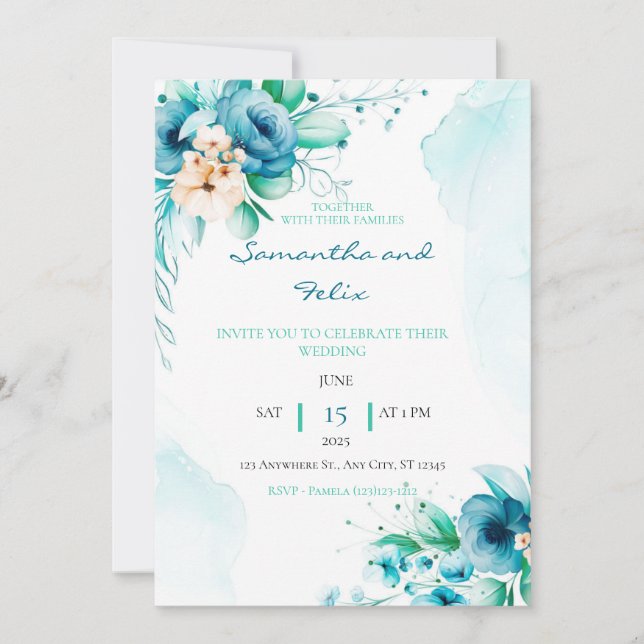 Invitación a la boda floral azul y verde bonito (Anverso)