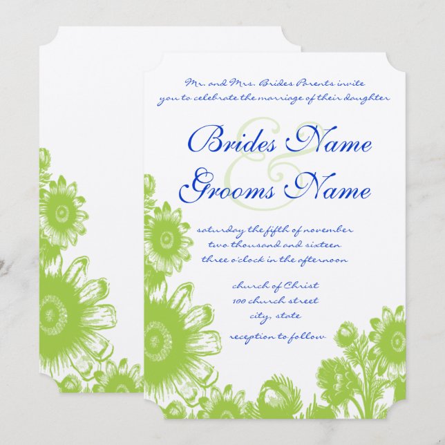 Invitación a la boda floral azul y verde Lapis (Anverso / Reverso)