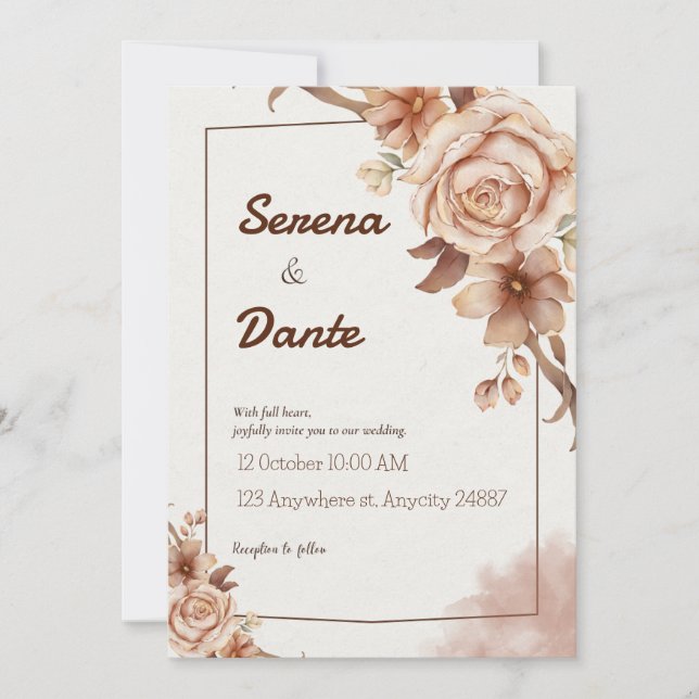 Invitación a la boda floral beige y marrón (Anverso)