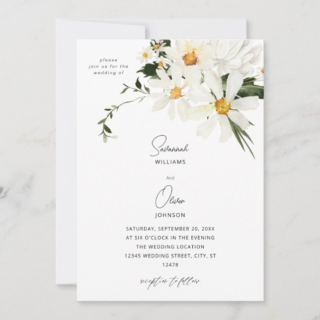 Invitación a la boda floral blanca de Daisy v2 (Anverso)