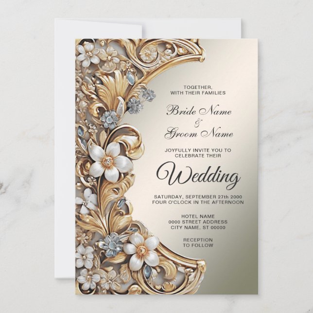 Invitación a la Boda Floral Blanca de Oro Decorati (Anverso)