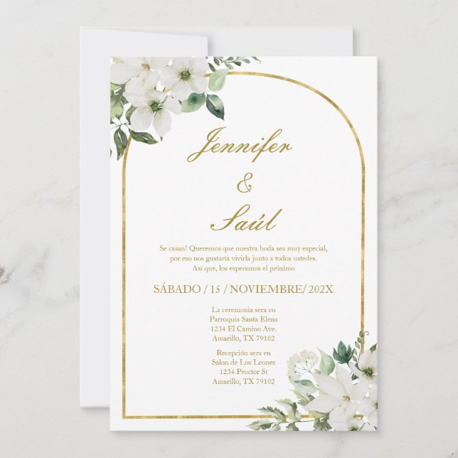 Invitación a la boda floral blanca en español (Anverso)
