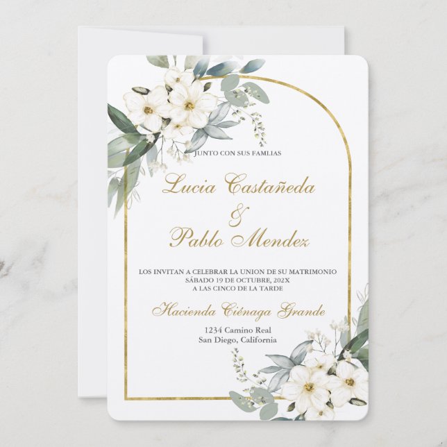 Invitación a la boda floral blanca Española (Anverso)