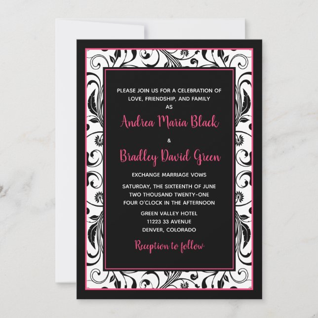 Invitación a la boda floral blanca, negra y rosa c (Anverso)