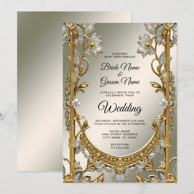 Invitación a la Boda Floral Blanca Ornate Gold (Anverso / Reverso)