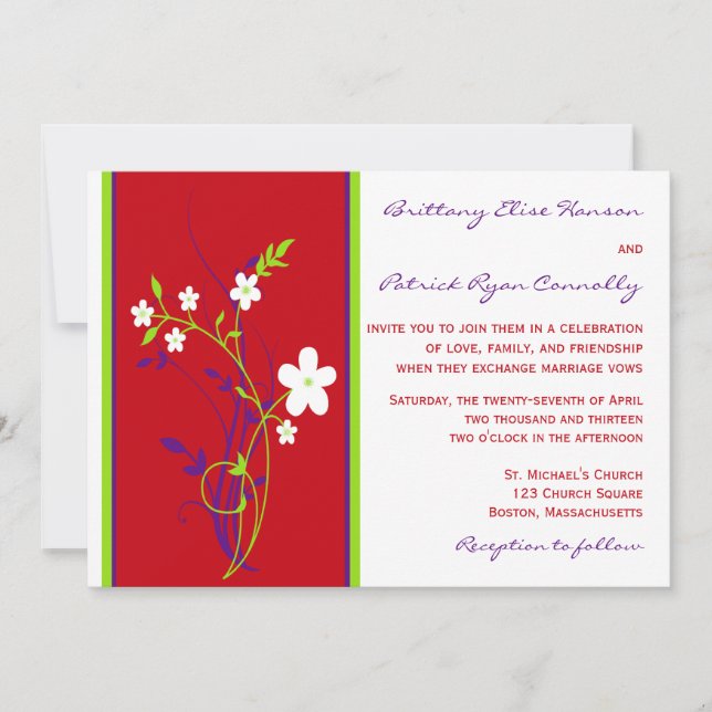 Invitación a la boda floral blanca, roja, púrpura, (Anverso)