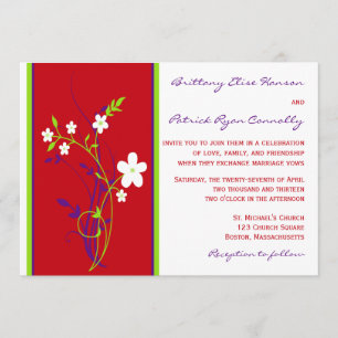 Invitación a la boda floral blanca, roja, púrpura,