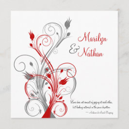 Invitación a la boda floral blanca, roja y gris