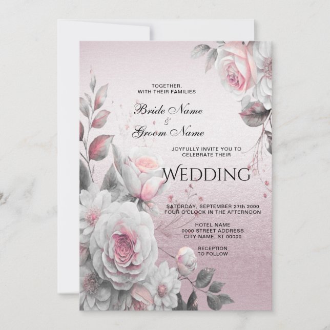 Invitación a la boda floral blanca rosada (Anverso)