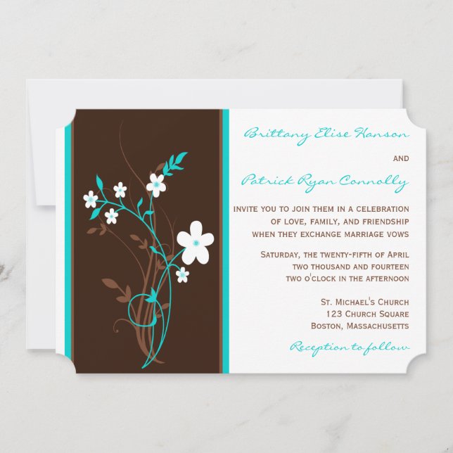 Invitación a la boda floral blanca, turquesa, marr (Anverso)