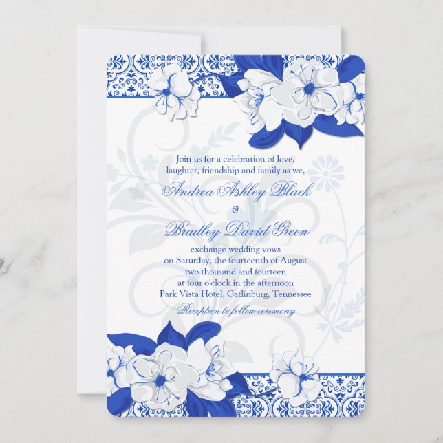 Invitación a la boda floral blanca y azul cobáltic (Anverso)