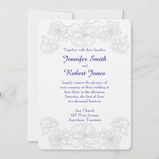 Invitación a la boda floral blanca y azul de la ma (Anverso)