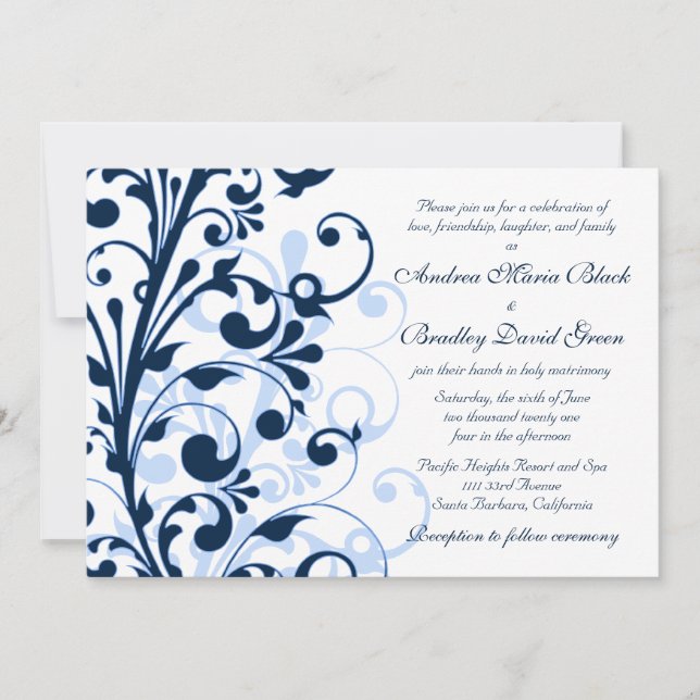 Invitación a la boda floral blanca y azul de la ma (Anverso)